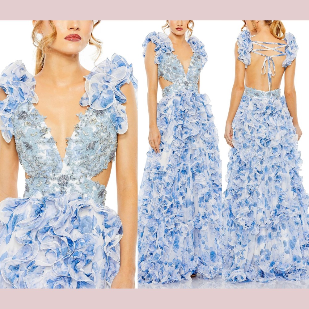 NWT Mac Duggal [ 6 ] 2220 Ruffle Tiered Cap Sleeve‎ Cut Out Open Back Gown S1949